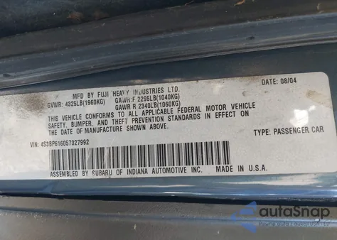 2005 Subaru Legacy 2.5I z USA, uszkodzony, nr VIN 4S3BP616057327992